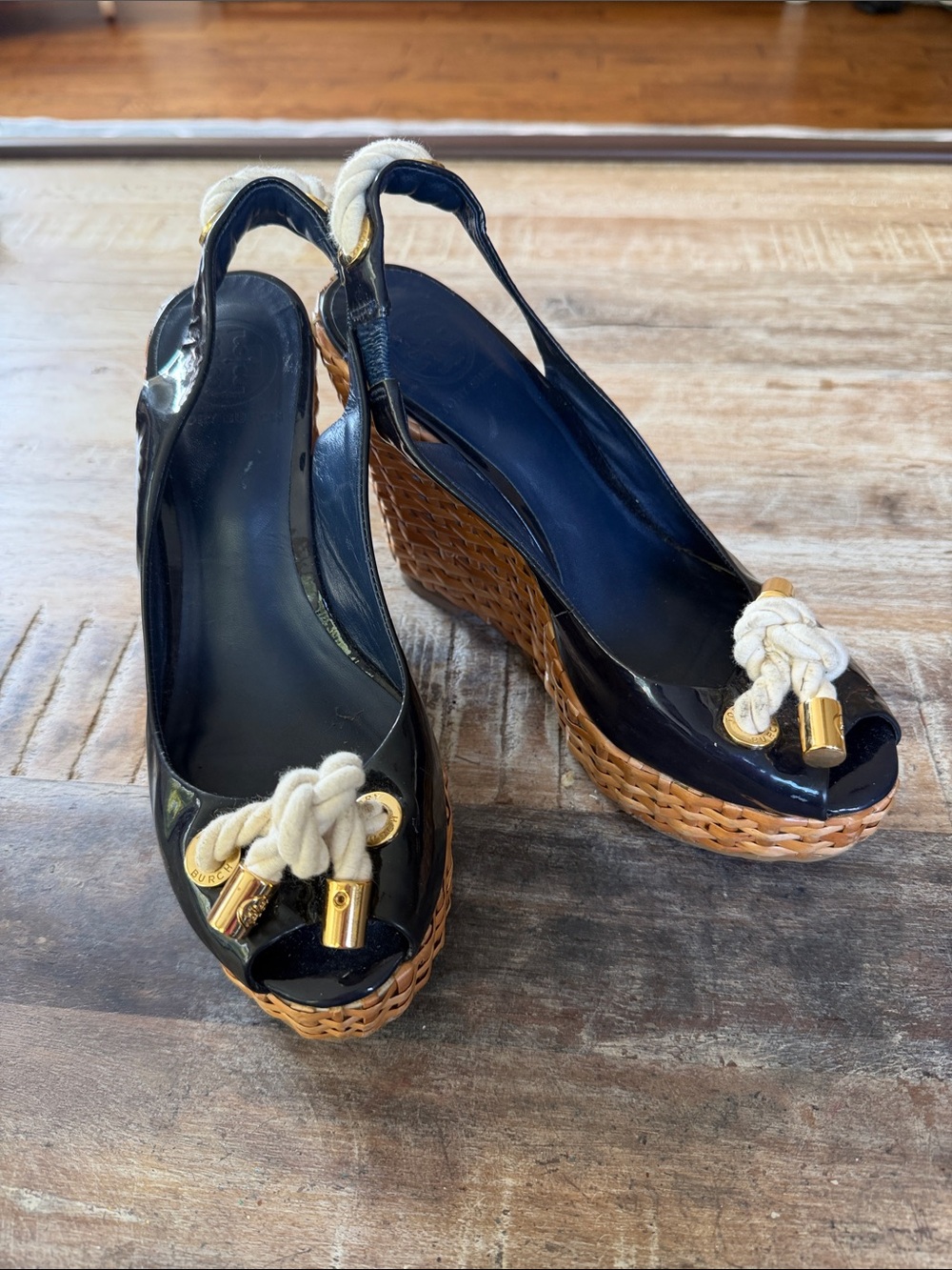 Tory Burch Black Patent Wedge Slingbacks with Cream Rope Rattan Heel